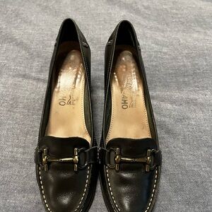 Salvatore Ferragamo Black Leather Loafers with Gold Accents  “authentic”